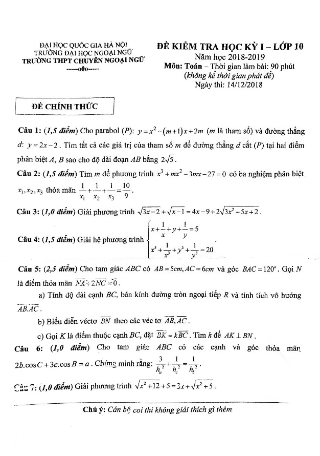 Đề kiểm tra học kì 1 (HK1) lớp 10 môn Toán năm 2018 2019 trường chuyên Ngoại Ngữ Hà Nội