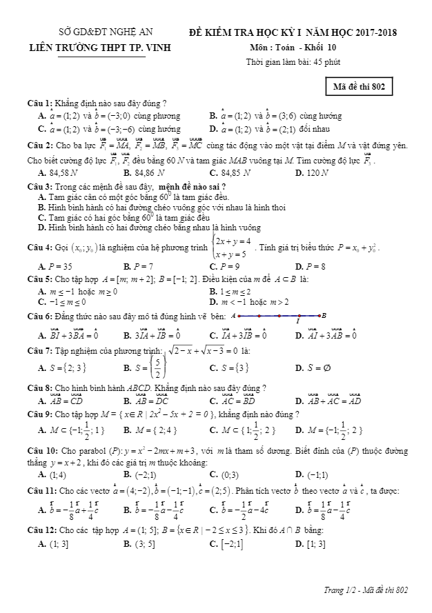 Đề kiểm tra học kì 1 (HK1) lớp 10 môn Toán năm học 2017 2018 liên trường THPT thành phố Vinh Nghệ An