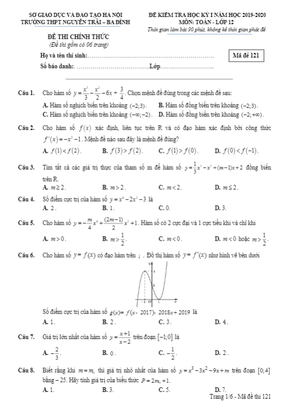Đề kiểm tra học kì 1 (HK1) lớp 12 môn Toán năm 2019 2020 trường Nguyễn Trãi Hà Nội