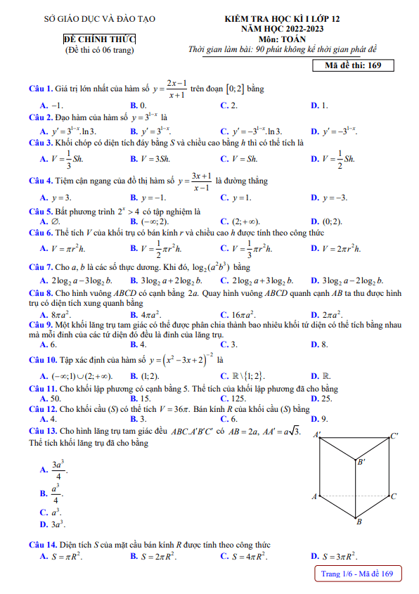 Đề kiểm tra học kì 1 (HK1) lớp 12 môn Toán năm 2022 2023 sở GD ĐT Đắk Nông