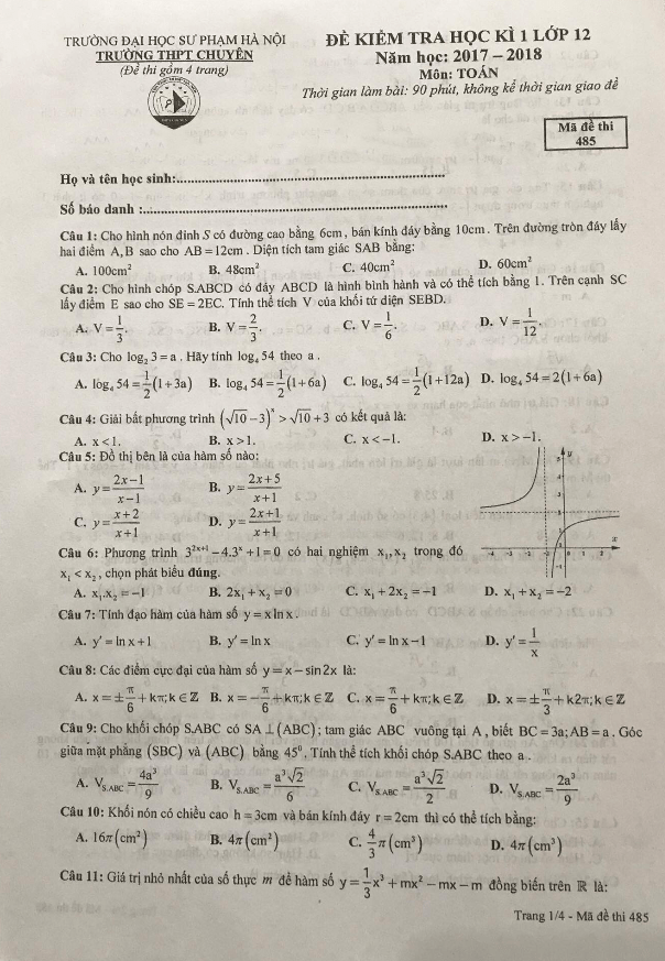 Đề kiểm tra học kì 1 (HK1) lớp 12 môn Toán năm học 2017 2018 trường THPT chuyên Đại học Sư Phạm Hà Nội