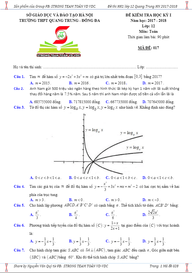 Đề kiểm tra học kì 1 (HK1) lớp 12 môn Toán năm học 2017 2018 trường THPT Quang Trung Hà Nội