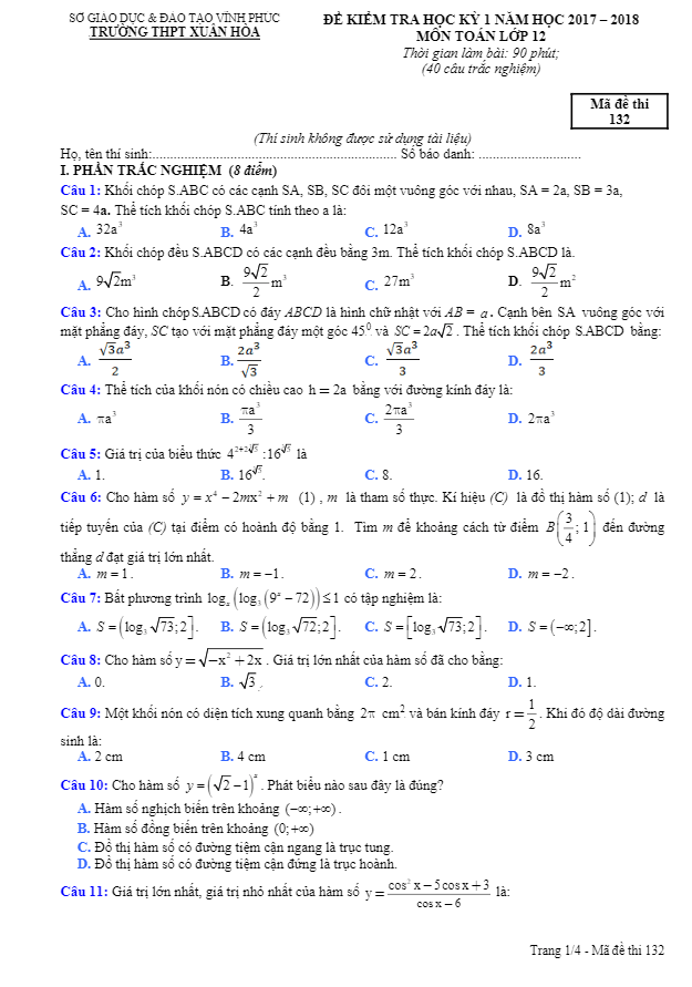 Đề kiểm tra học kì 1 (HK1) lớp 12 môn Toán năm học 2017 2018 trường THPT Xuân Hòa Vĩnh Phúc