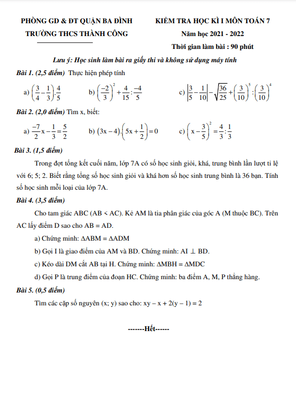 Đề kiểm tra học kì 1 (HK1) lớp 7 môn Toán năm 2021 2022 trường THCS Thành Công Hà Nội