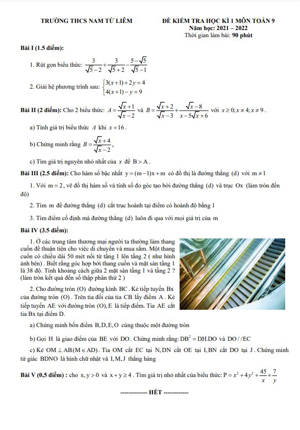 Đề kiểm tra học kì 1 (HK1) lớp 9 môn Toán năm 2021 2022 trường THCS Nam Từ Liêm Hà Nội