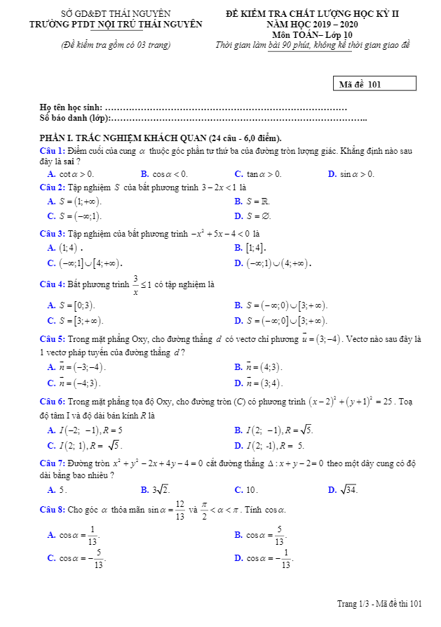 Đề kiểm tra học kì 2 (HK2) lớp 10 môn Toán năm 2019 2020 trường PTDT nội trú Thái Nguyên