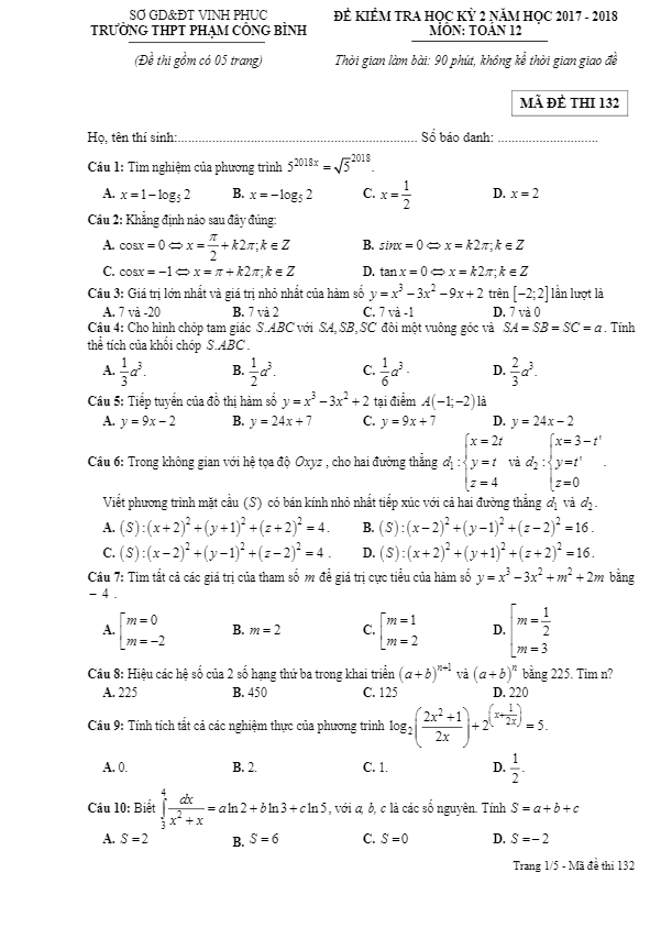 Đề kiểm tra học kì 2 (HK2) lớp 12 môn Toán năm 2017 2018 trường Phạm Công Bình Vĩnh Phúc