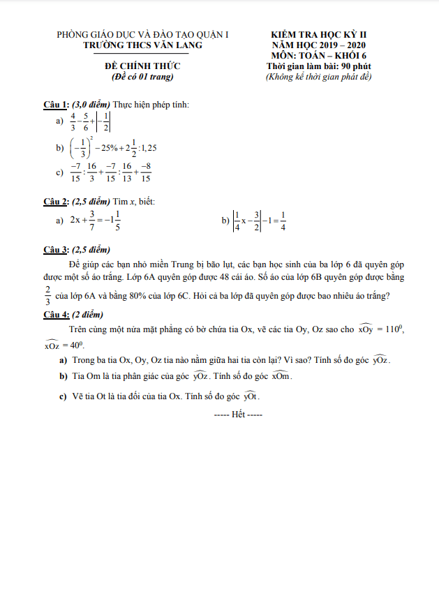 Đề kiểm tra học kì 2 (HK2) lớp 6 môn Toán năm 2019 2020 trường THCS Văn Lang TP HCM