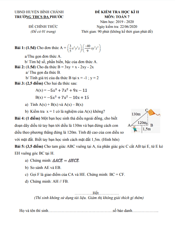Đề kiểm tra học kì 2 (HK2) lớp 7 môn Toán năm 2019 2020 trường THCS Đa Phước TP HCM