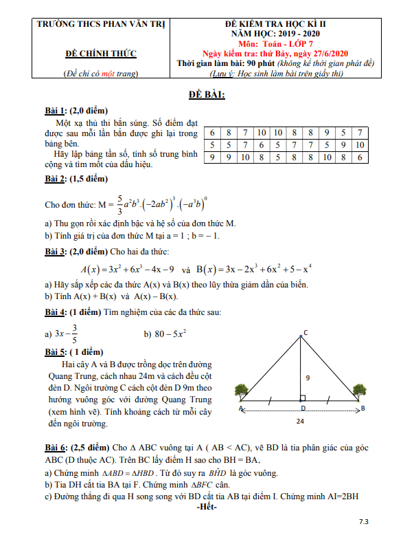 Đề kiểm tra học kì 2 (HK2) lớp 7 môn Toán năm 2019 2020 trường THCS Phan Văn Trị TP HCM