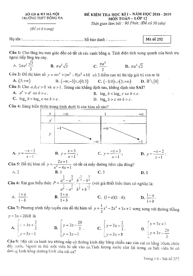 Đề kiểm tra học kỳ I lớp 12 môn Toán năm học 2018 2019 trường THPT Đống Đa Hà Nội
