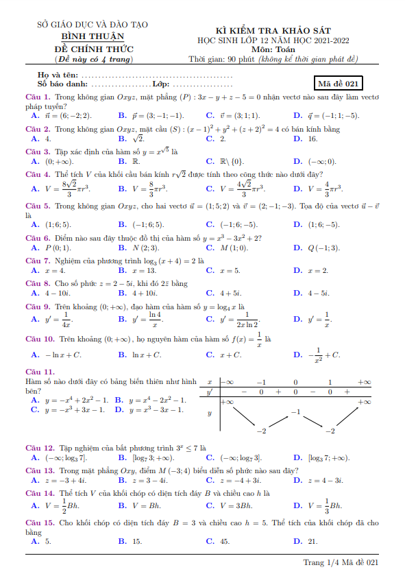 Đề kiểm tra khảo sát lớp 12 môn Toán năm 2021 2022 sở GD ĐT Bình Thuận