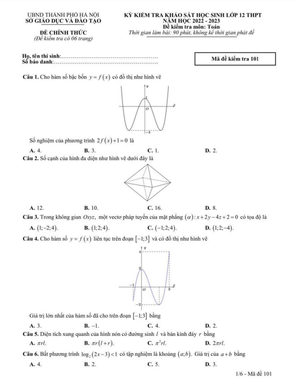 Đề kiểm tra khảo sát lớp 12 môn Toán năm 2022 2023 sở GD ĐT Hà Nội