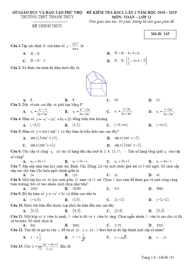 Đề kiểm tra KSCL lớp 12 môn Toán năm 2018 2019 trường Thanh Thủy Phú Thọ lần 1