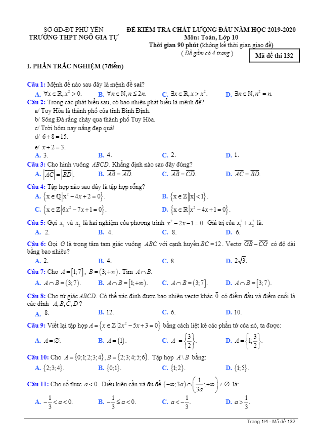 Đề kiểm tra lớp 10 môn Toán đầu năm học 2019 2020 trường Ngô Gia Tự Phú Yên