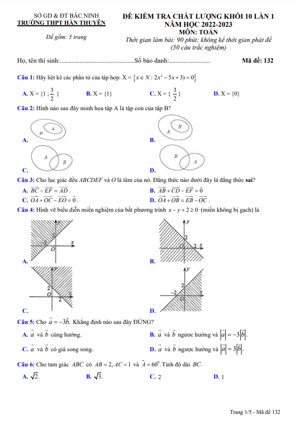 Đề kiểm tra lớp 10 môn Toán lần 1 năm 2022 2023 trường THPT Hàn Thuyên Bắc Ninh