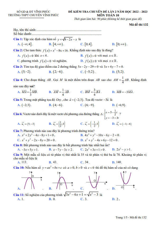 Đề kiểm tra lớp 10 môn Toán lần 2 năm 2022 2023 trường THPT chuyên Vĩnh Phúc