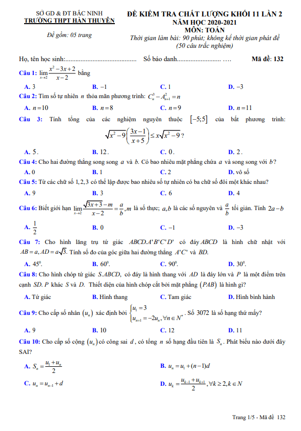 Đề kiểm tra lớp 11 môn Toán lần 2 năm 2020 2021 trường Hàn Thuyên Bắc Ninh