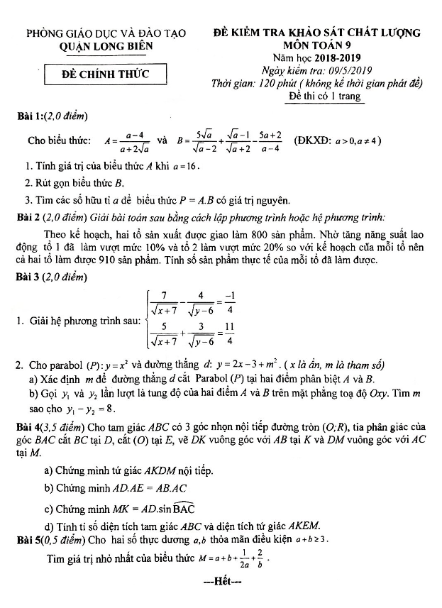 Đề kiểm tra lớp 9 môn Toán năm 2018 2019 phòng GD ĐT Long Biên Hà Nội