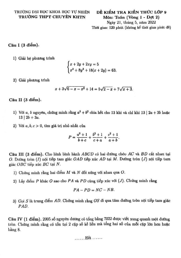 Đề kiểm tra lớp 9 môn Toán năm 2022 trường chuyên KHTN Hà Nội (Vòng 1 Đợt 2)