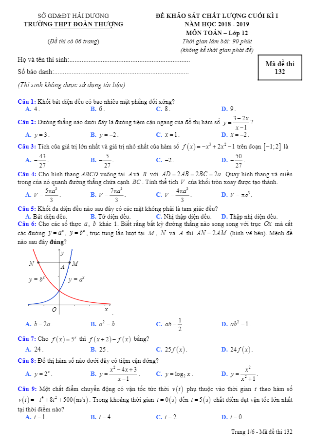 Đề KSCL cuối học kì 1 (HK1) lớp 12 môn Toán năm học 2018 2019 trường THPT Đoàn Thượng Hải Dương