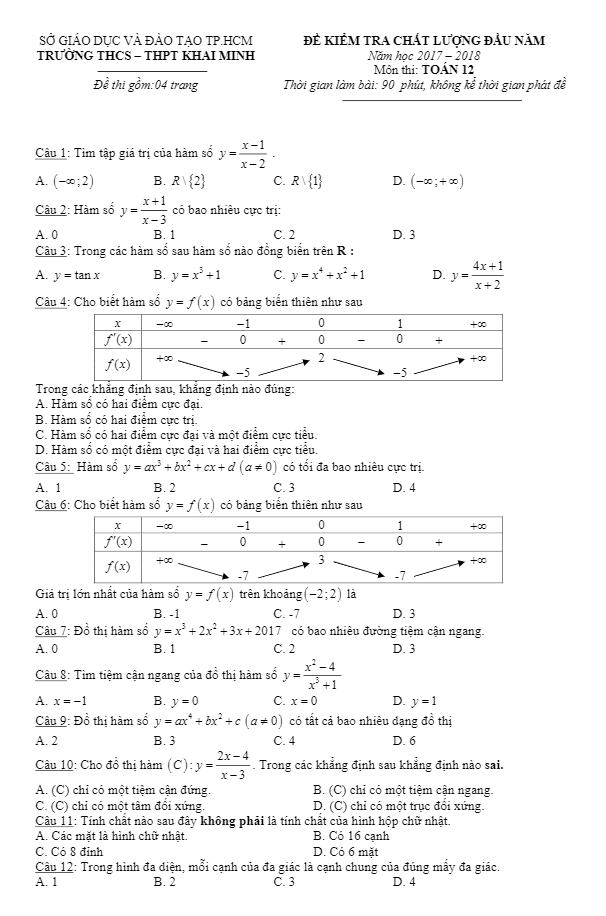 Đề KSCL đầu năm lớp 12 môn Toán năm học 2017 2018 trường THCS THPT Khai Minh TP. HCM
