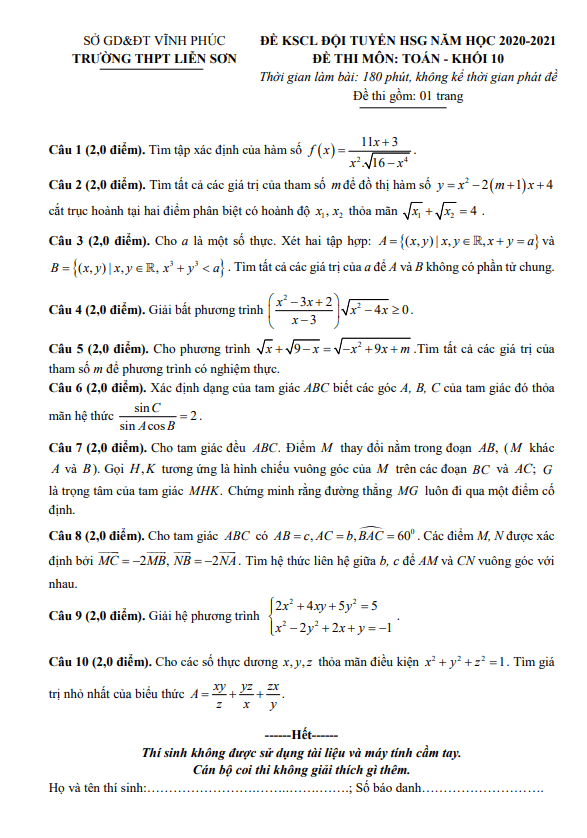 Đề KSCL đội tuyển HSG lớp 10 môn Toán năm 2020 2021 trường Liễn Sơn Vĩnh Phúc