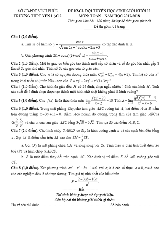 Đề KSCL đội tuyển HSG lớp 11 môn Toán năm 2017 2018 trường THPT Yên Lạc 2 Vĩnh Phúc