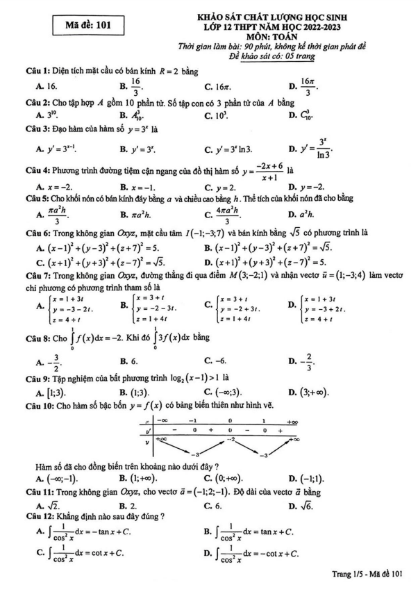 Đề KSCL học sinh lớp 12 môn Toán lần 2 năm 2022 2023 sở GD ĐT Phú Thọ