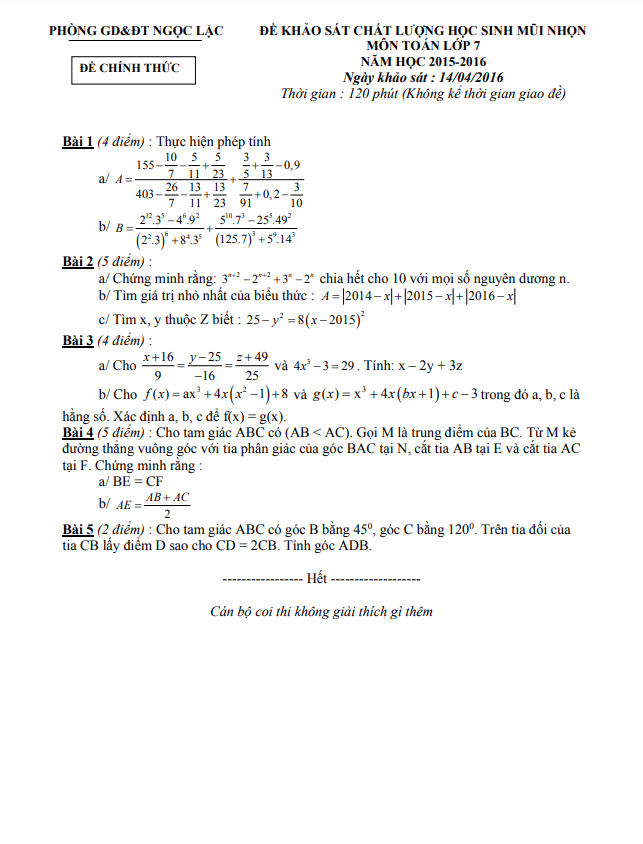 Đề KSCL học sinh mũi nhọn lớp 7 môn Toán năm 2015 2016 phòng GD ĐT Ngọc Lặc Thanh Hóa