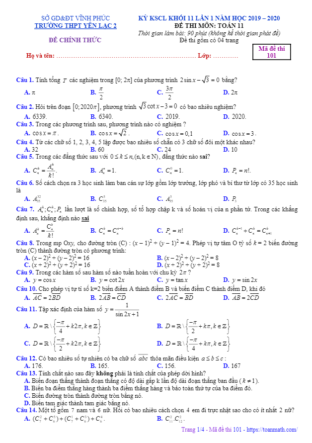 Đề KSCL lớp 11 môn Toán lần 1 năm 2019 2020 trường THPT Yên Lạc 2 Vĩnh Phúc