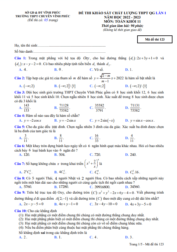 Đề KSCL lớp 11 môn Toán lần 1 năm 2022 2023 trường THPT chuyên Vĩnh Phúc