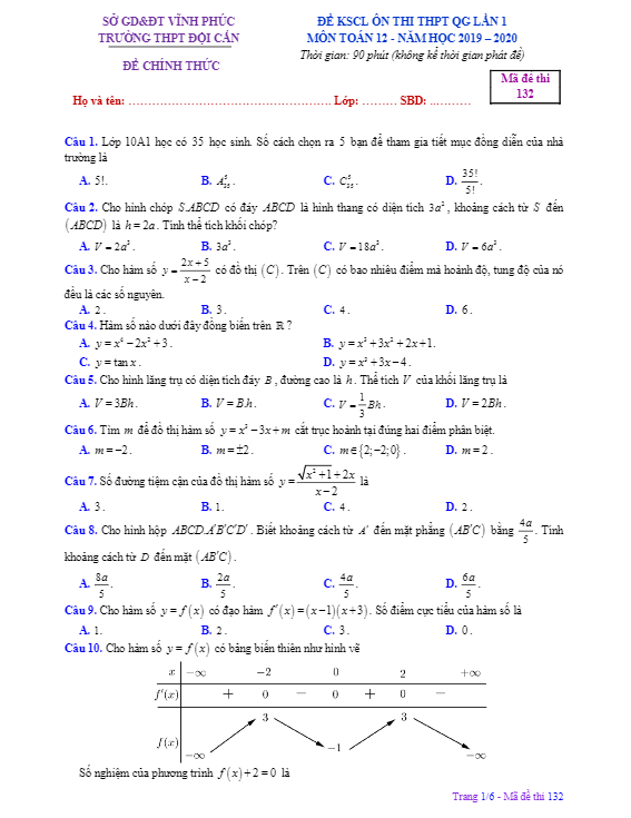 Đề KSCL lớp 12 môn Toán lần 1 ôn thi THPTQG 2019 2020 trường Đội Cấn Vĩnh Phúc