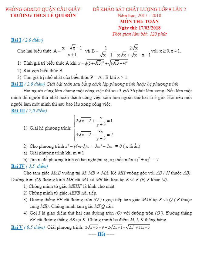 Đề KSCL lớp 9 môn Toán năm 2017 2018 trường THCS Lê Quý Đôn Hà Nội lần 2