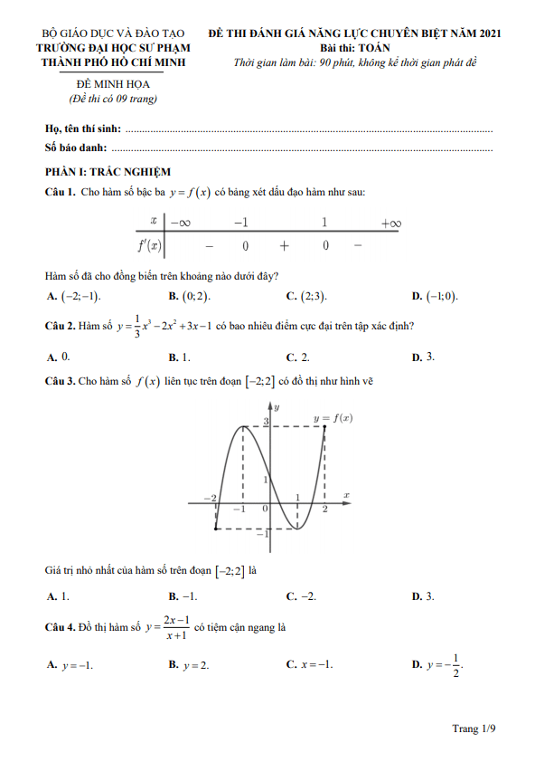 Đề minh họa đánh giá năng lực năm 2021 môn Toán trường ĐHSP TP HCM