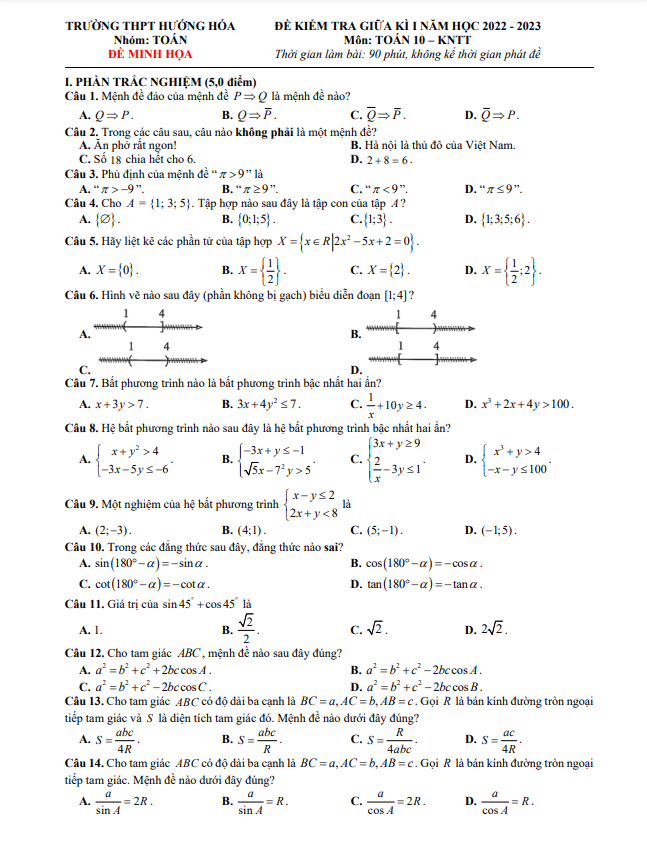 Đề minh họa giữa học kì 1 (HK1) lớp 10 môn Toán năm 2022 2023 trường THPT Hướng Hóa Quảng Trị