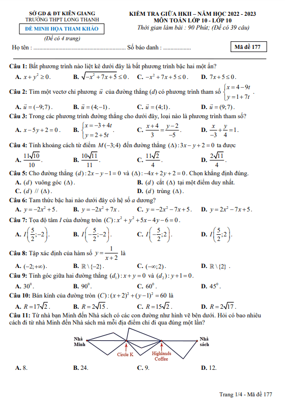Đề minh họa giữa học kì 2 (HK2) lớp 10 môn Toán năm 2022 2023 trường THPT Long Thạnh Kiên Giang