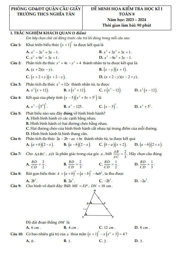 Đề minh họa học kì 1 (HK1) lớp 8 môn Toán năm 2023 2024 trường THCS Nghĩa Tân Hà Nội