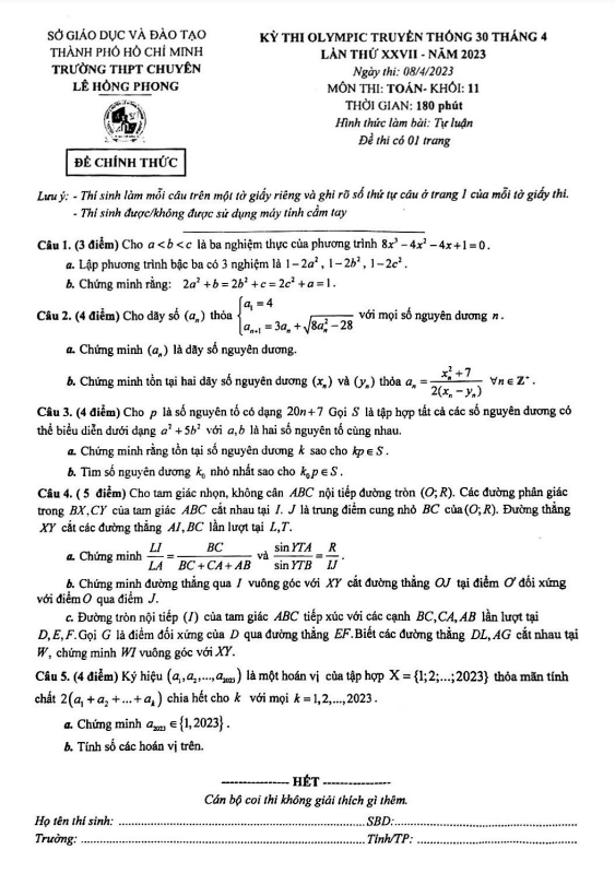 Đề Olympic 30 tháng 4 lớp 11 môn Toán năm 2023 trường chuyên Lê Hồng Phong TP HCM