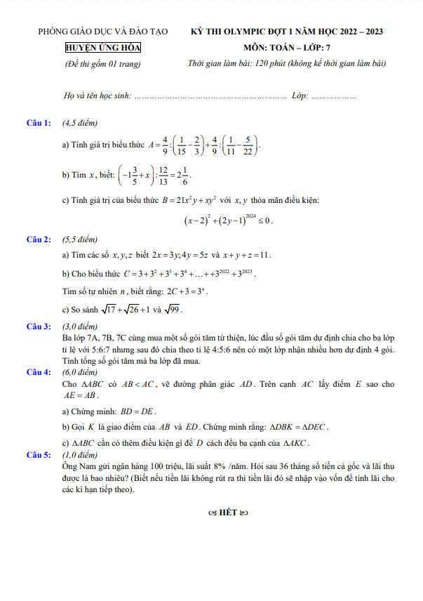 Đề Olympic lớp 7 môn Toán đợt 1 năm 2022 2023 phòng GD ĐT Ứng Hòa Hà Nội