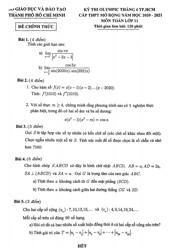Đề Olympic tháng 4 lớp 11 môn Toán năm 2020 2021 sở GD ĐT TP Hồ Chí Minh