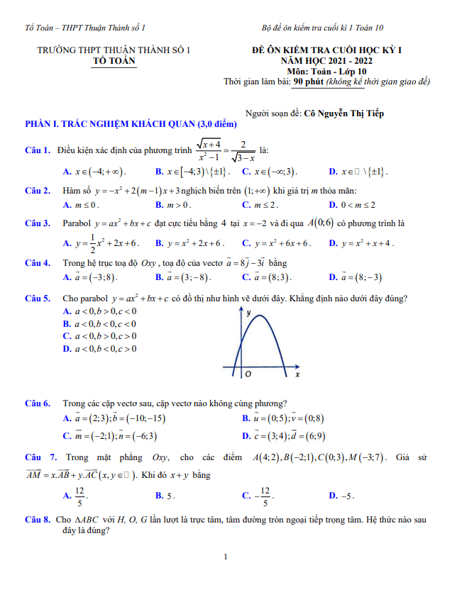 Đề ôn tập cuối học kì 1 (HK1) lớp 10 môn Toán năm 2021 2022 trường Thuận Thành 1 Bắc Ninh