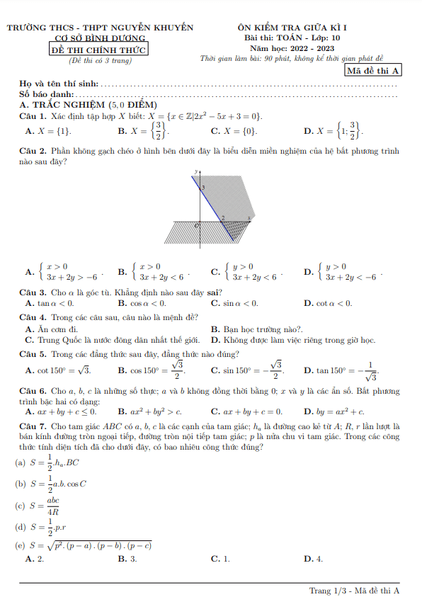 Đề ôn tập giữa học kì 1 (HK1) lớp 10 môn Toán năm 2022 2023 trường Nguyễn Khuyến Bình Dương