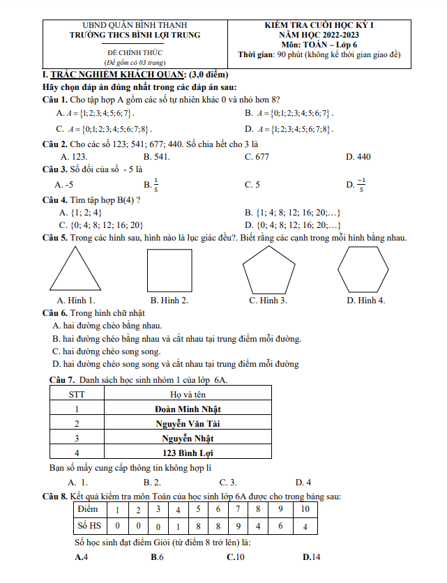 Đề tham khảo cuối học kì 1 (HK1) lớp 6 môn Toán năm 2022 2023 trường THCS Bình Lợi Trung TP HCM