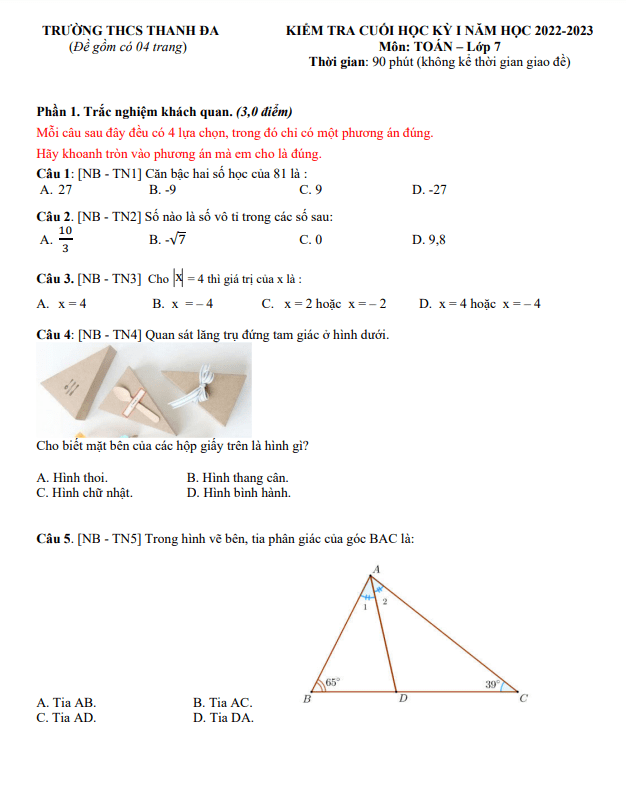 Đề tham khảo cuối học kì 1 (HK1) lớp 7 môn Toán năm 2022 2023 trường THCS Thanh Đa TP HCM