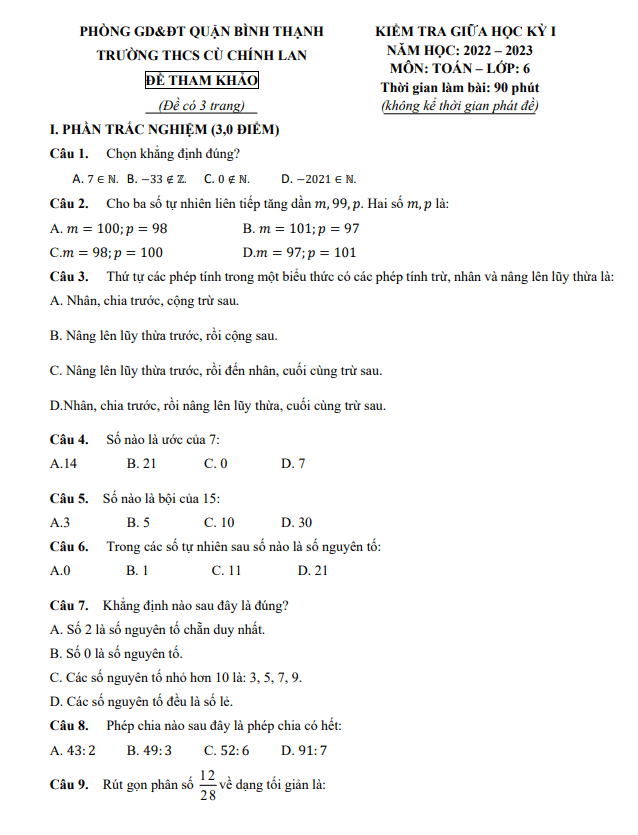 Đề tham khảo giữa học kì 1 (HK1) lớp 6 môn Toán năm 2022 2023 trường THCS Cù Chính Lan TP HCM