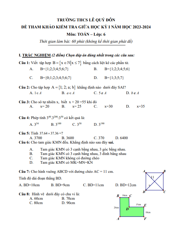 Đề tham khảo giữa học kì 1 (HK1) lớp 6 môn Toán năm 2023 2024 trường THCS Lê Quý Đôn TP HCM