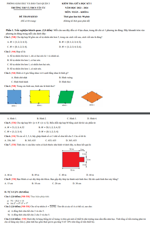 Đề tham khảo giữa học kì 1 (HK1) lớp 6 môn Toán năm 2023 2024 trường TiH THCS Tây Úc TP HCM