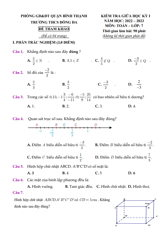 Đề tham khảo giữa học kì 1 (HK1) lớp 7 môn Toán năm 2022 2023 trường THCS Đống Đa TP HCM