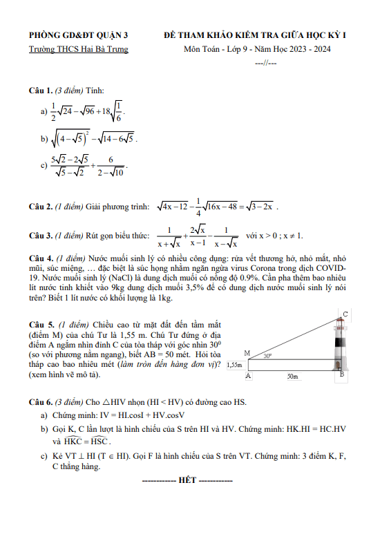 Đề tham khảo giữa học kì 1 (HK1) lớp 9 môn Toán năm 2023 2024 trường THCS Hai Bà Trưng TP HCM